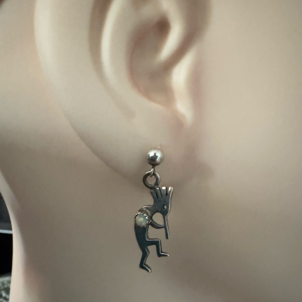 Vintage Kokopelli Sterling Silver & Opal Signed Earrings